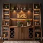 Modern Wooden Home Bar with Integrated Storage, Display Shelving and Warm Accent Lighting