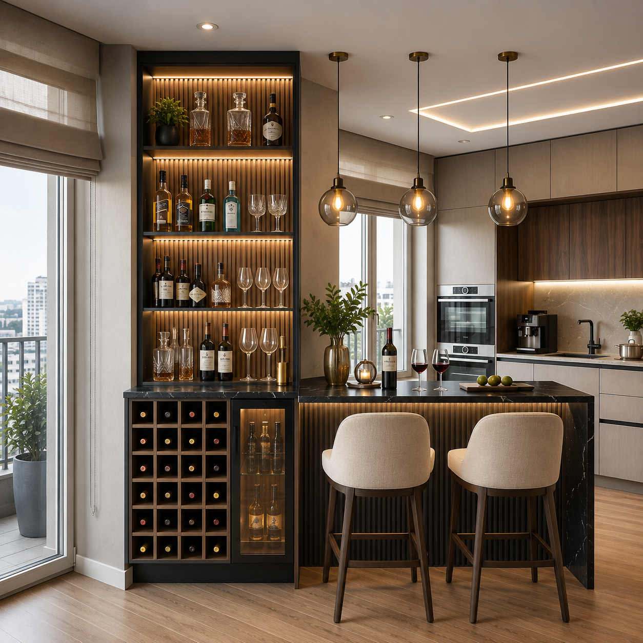 ChatGPT Image Aug 17, 2026, 01_32_43 PM Modern Luxury Home Bar Design with Illuminated Display Cabinet and Elegant Kitchen Integration - Image 1