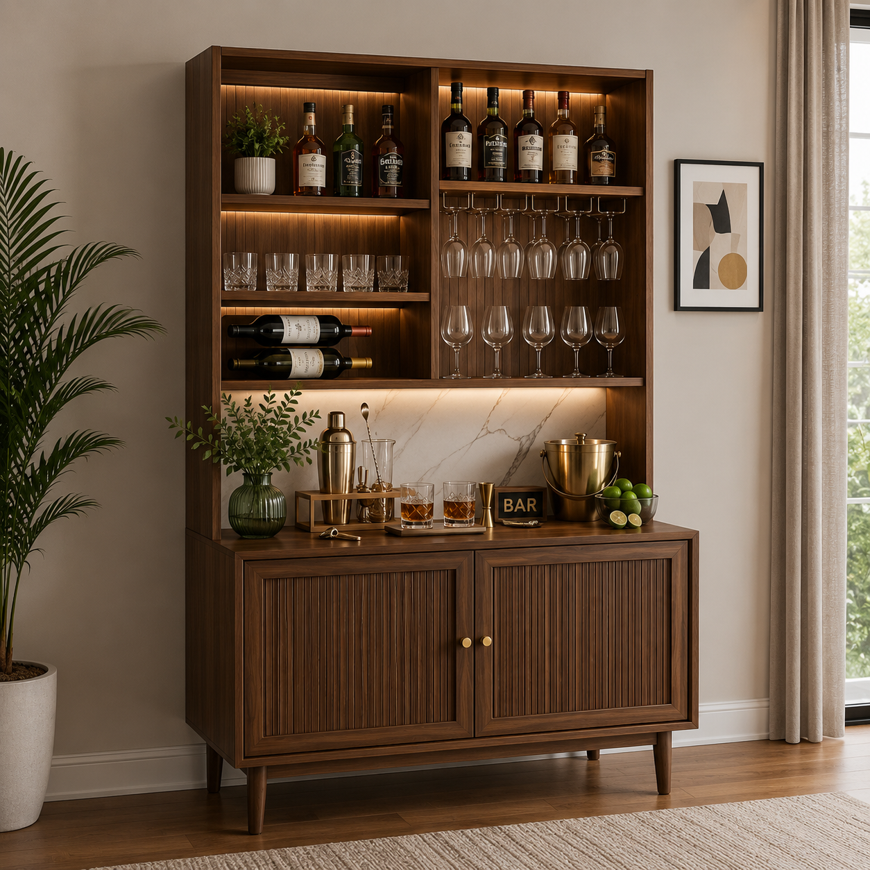 ChatGPT Image Aug 17, 2026, 01_35_51 PM Modern Walnut Home Bar Cabinet with Illuminated Shelving and Elegant Storage - Image 1