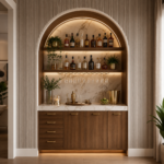 Luxury Arched Home Bar Design with Warm Wood Finishes and Integrated Ambient Lighting