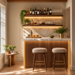 Elegant Modern Home Bar Design with Warm Walnut Wood, Marble Countertop and Ambient Lighting