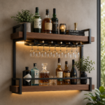 Modern Floating Home Bar Design with Warm Walnut Shelves, Matte Black Frames, LED Lighting and Elegant Glass Storage