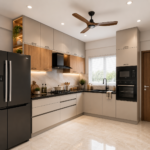 Modern L-Shaped Kitchen Styled in Monochrome Highlighting Black Granite Countertops