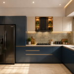 Sleek L-Shaped Kitchen Design Highlighting Blue Cabinets and a Marble Top