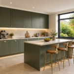 Sleek Deep Teal Island Kitchen Complete with Corian Counters