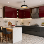 Contemporary L-Shaped with Peninsula Kitchen Design with Wine Red and Black Acrylic