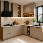 Light Beige and Kingfisher Blue L-Shaped Kitchen Design with Quartz Top