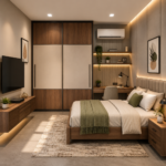 Contemporary Walnut Bronze Sliding Wardrobe Featuring Built-In Mirror Panels