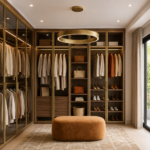 9-Door Contemporary Walnut Wood Walk-In Wardrobe Design with Glass Doors