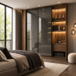 3-Door Modern Sliding Wardrobe Design with Gloss Finish and Display Shelves