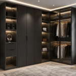 Option 2: A Modern Black and Wood L-Shaped Wardrobe Design Complete with Fluted Glass and Open Shelves