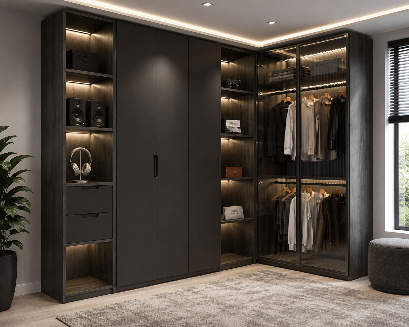 ChatGPT Image Aug 5, 2026, 03_40_39 PM Option 2: A Modern Black and Wood L-Shaped Wardrobe Design Complete with Fluted Glass and Open Shelves - Image 1