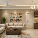 Sleek Contemporary Living Space Highlighting a Botanical Gallery Wall and Chandelier