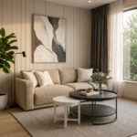Contemporary Living Room Accented by a Beige Sofa and Nesting Coffee Tables