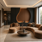 Modern Living Room Design with Curved Caramel Sofa