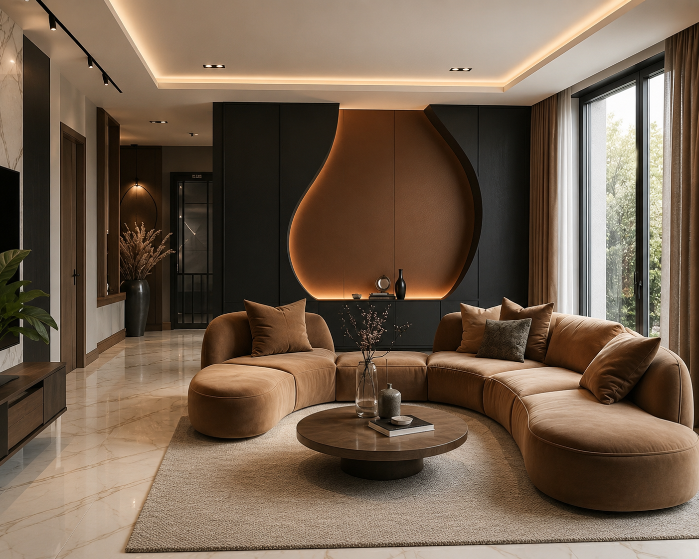 ChatGPT Image Aug 5, 2026, 03_52_41 PM Modern Living Room Design with Curved Caramel Sofa - Image 1