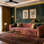 Art Deco Living Room Accented by Pink Velvet and a Striking Dark Green Wall