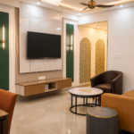 Contemporary Living Room Layout Featuring a Marble TV Wall
