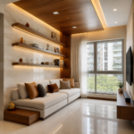 A Contemporary Living Room Design Complete with a Low-Profile Beige Sofa and Floating Wooden Shelves