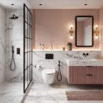 Contemporary Bathroom Accented by a Pink Ribbed Vanity and Black Marble Walls