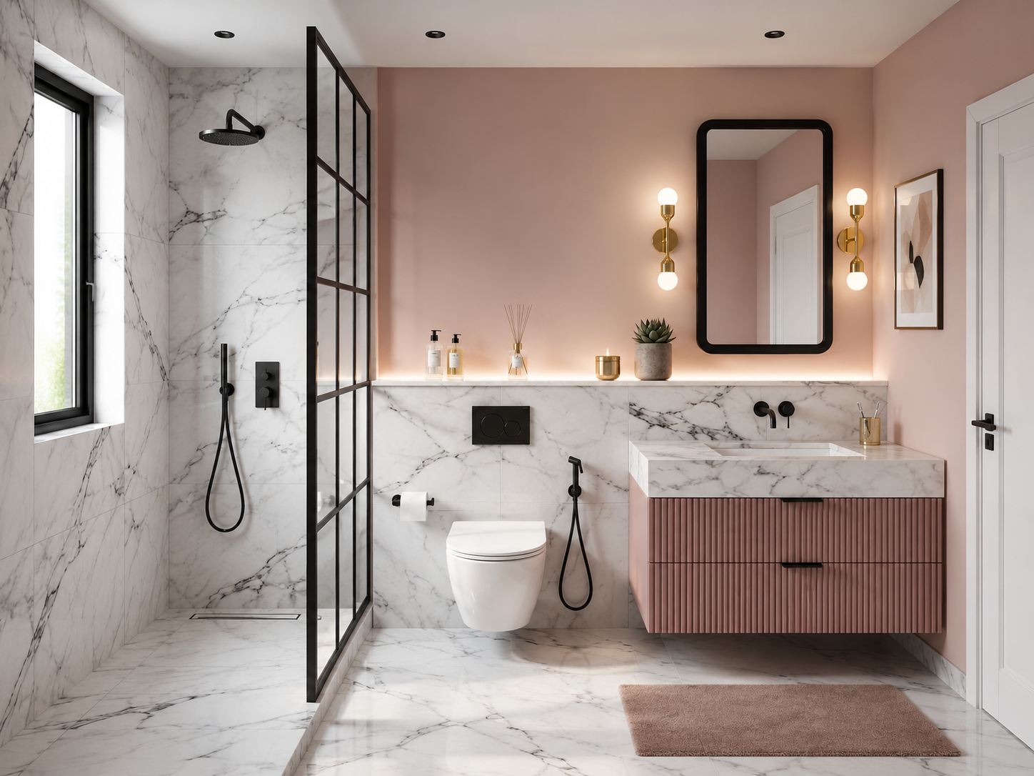 ChatGPT Image Aug 5, 2026, 06_12_43 PM Contemporary Bathroom Accented by a Pink Ribbed Vanity and Black Marble Walls - Image 1