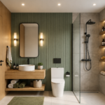 Contemporary Bathroom Accented by Sage Green Walls and an Open Wooden Console
