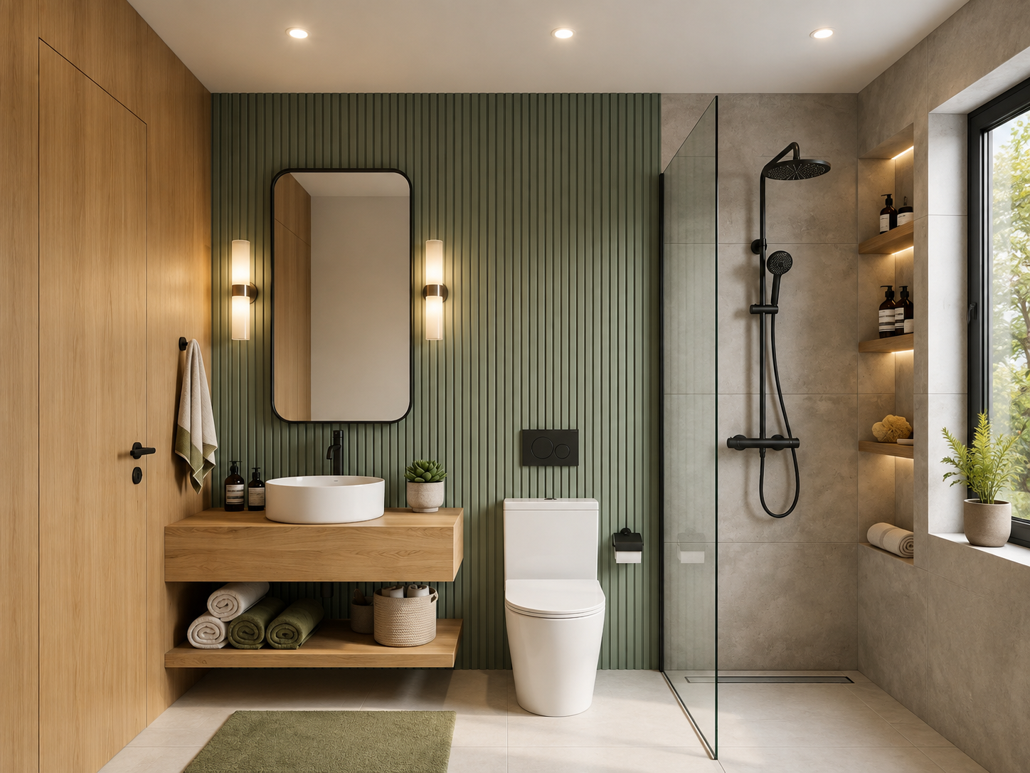 ChatGPT Image Aug 5, 2026, 06_15_23 PM Contemporary Bathroom Accented by Sage Green Walls and an Open Wooden Console - Image 1