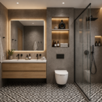 Contemporary Bathroom Layout Featuring a Black and White Geometric Floor and Backlit Mirror