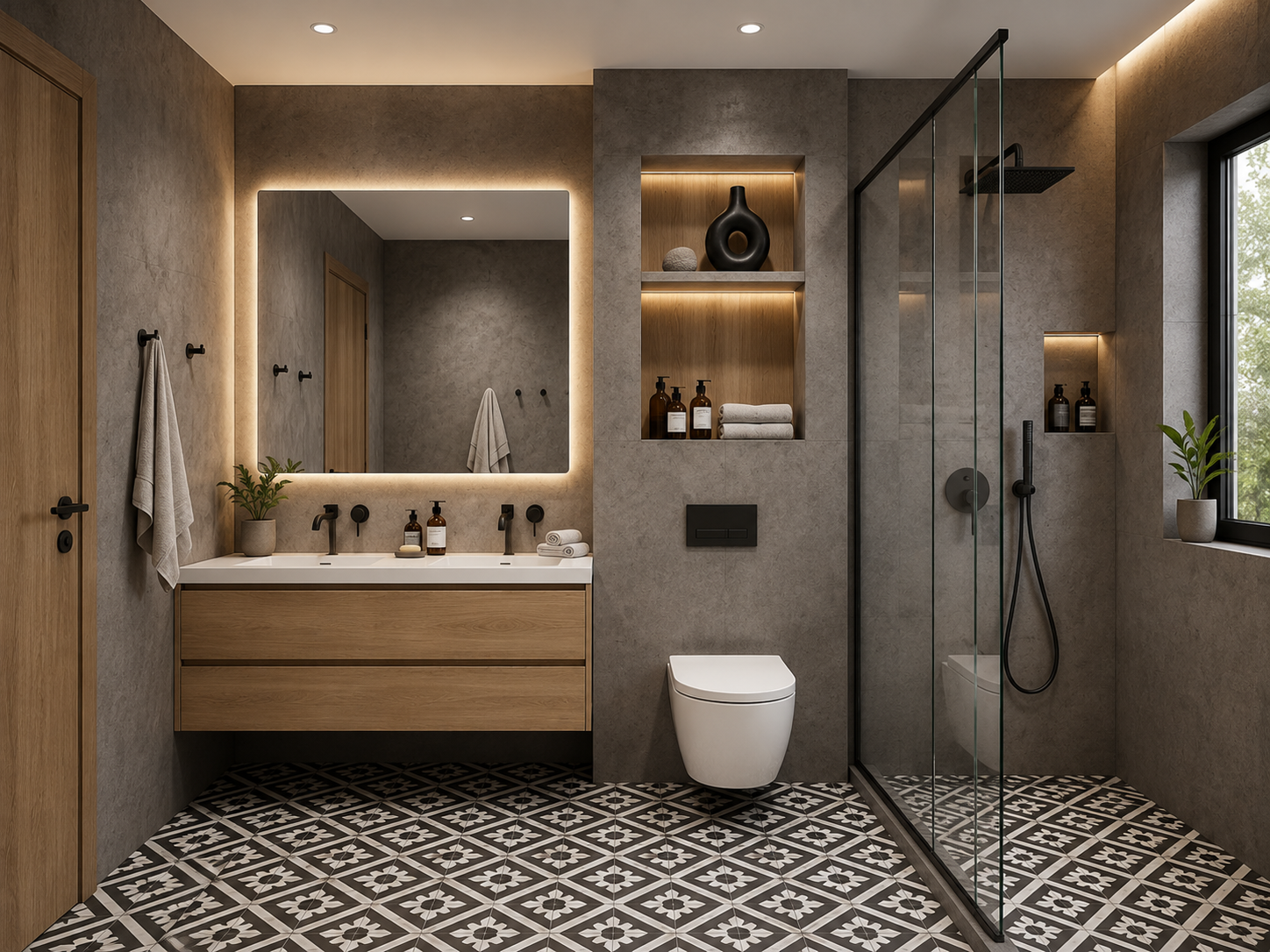 ChatGPT Image Aug 5, 2026, 06_18_08 PM Contemporary Bathroom Layout Featuring a Black and White Geometric Floor and Backlit Mirror - Image 1