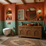 A Modern Eclectic Bathroom Design Complete with a Moroccan Pendant Lamp and Copper Basin