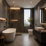 Grey and Black Texture Tiles Modern Bathroom Design with Bathtub and Glass Shower