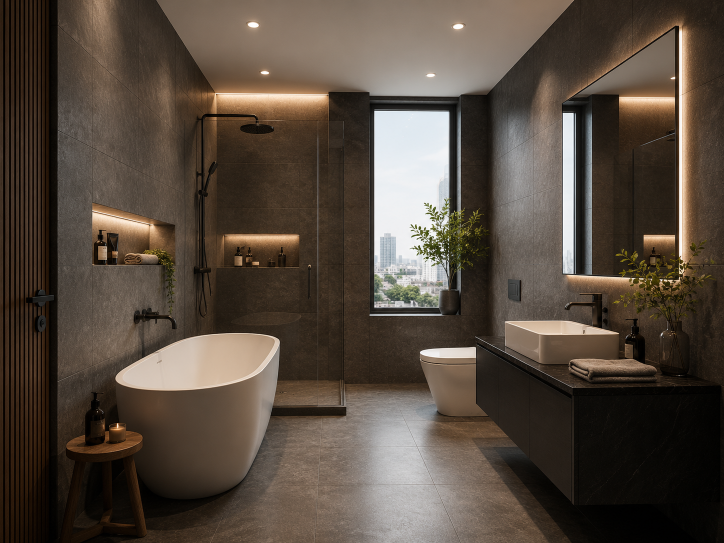 ChatGPT Image Aug 5, 2026, 06_25_17 PM Grey and Black Texture Tiles Modern Bathroom Design with Bathtub and Glass Shower - Image 1