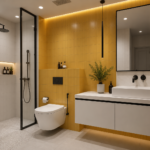 Bathroom Accented by Yellow Tile and a Floating White Vanity