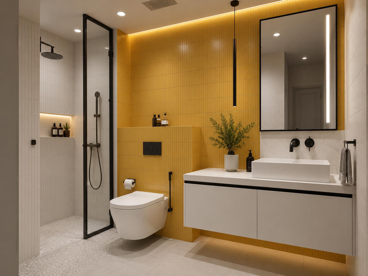 ChatGPT Image Aug 5, 2026, 06_28_02 PM Bathroom Accented by Yellow Tile and a Floating White Vanity - Image 1