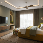 Bedroom Design with Arched Wall and Curved Mustard Bed