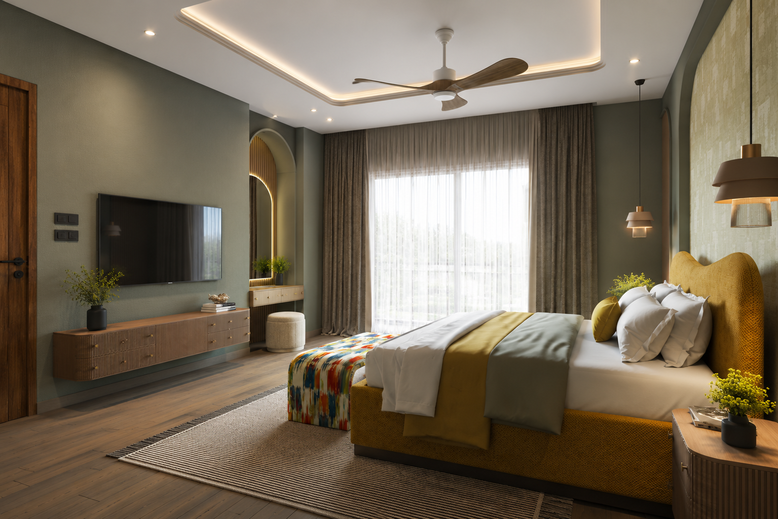 ChatGPT Image Aug 5, 2026, 06_42_43 PM Bedroom Design with Arched Wall and Curved Mustard Bed - Image 1