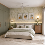 Contemporary Master Bedroom Accented by Floral Patterned Wallpaper and a King Bed