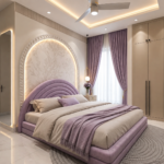 Master Bedroom Design with Lavender Bed with Curved Headboard