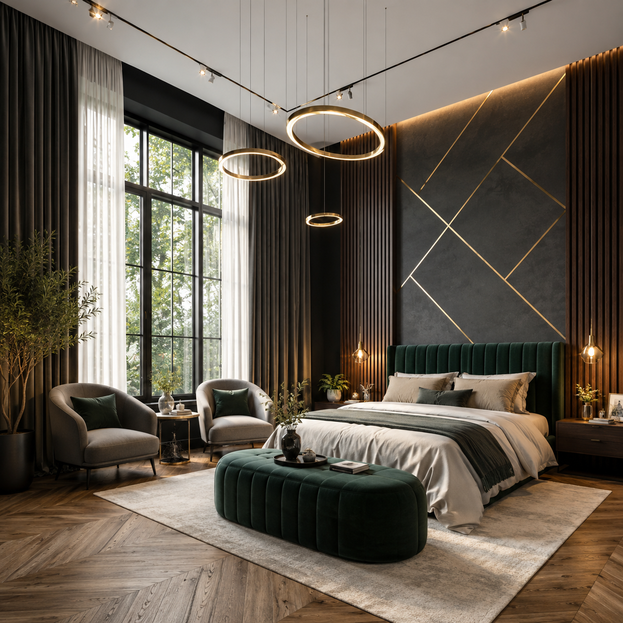 ChatGPT Image Aug 5, 2026, 07_17_39 PM Mid-Century Master Bedroom Space Highlighting a Gold Geometry Emerald Wall - Image 1