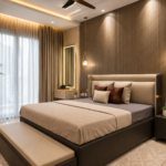 Modern Master Bedroom Design With Textured Wall and Floating Vanity