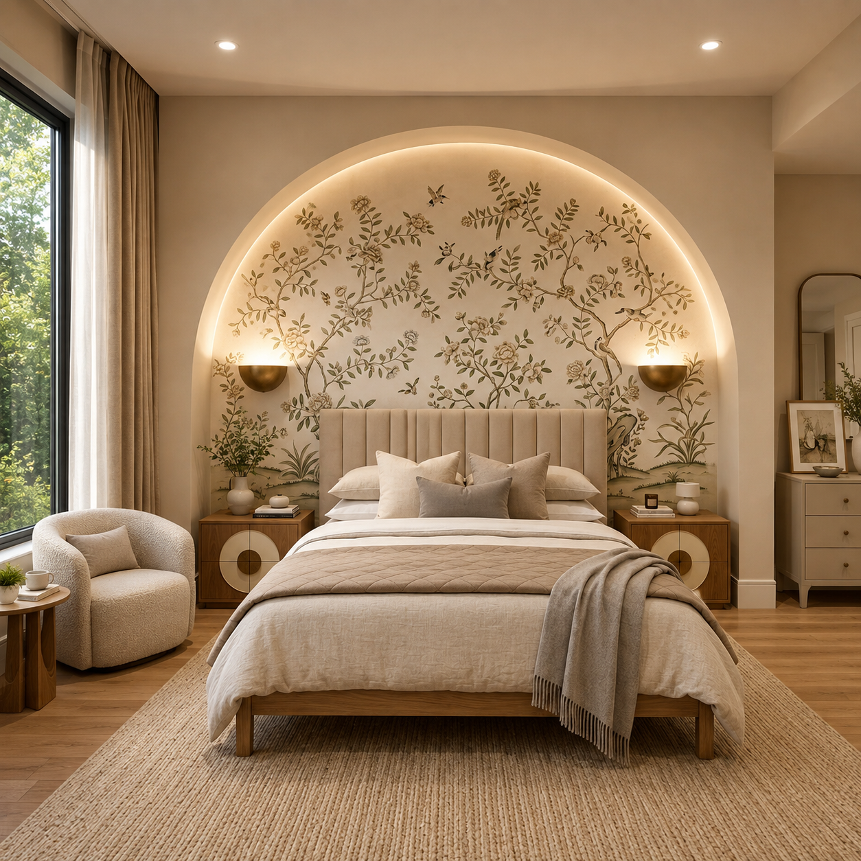 ChatGPT Image Aug 5, 2026, 07_36_39 PM Contemporary Master Bedroom Design with Illuminated Arched Botanical Wall Mural - Image 1