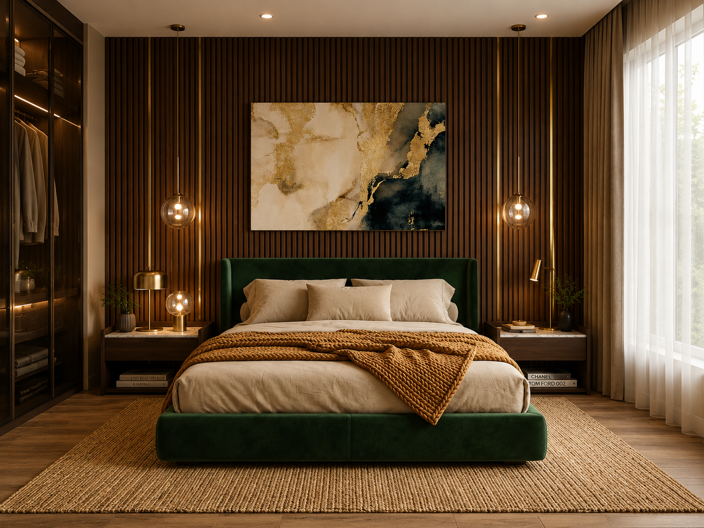 ChatGPT Image Aug 5, 2026, 07_42_21 PM Contemporary Master Bedroom Design with Green Bed and Wooden Slat Wall - Image 1
