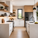 A Modern Kitchen Space with a White and Walnut Island, Open Wooden Shelves, and Quartz Countertops