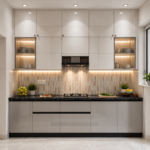 Sleek White and Dove Grey Open Kitchen Design Complete with Glass Cabinets