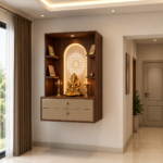 A Modern Wall-Mounted Bronze and Pearl Pooja Unit Design Complete with Dark Wood Display Shelves