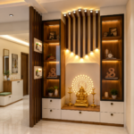 Modern Pooja Unit Layout Featuring Intricate Jaali Details and an Illuminated OM Backdrop