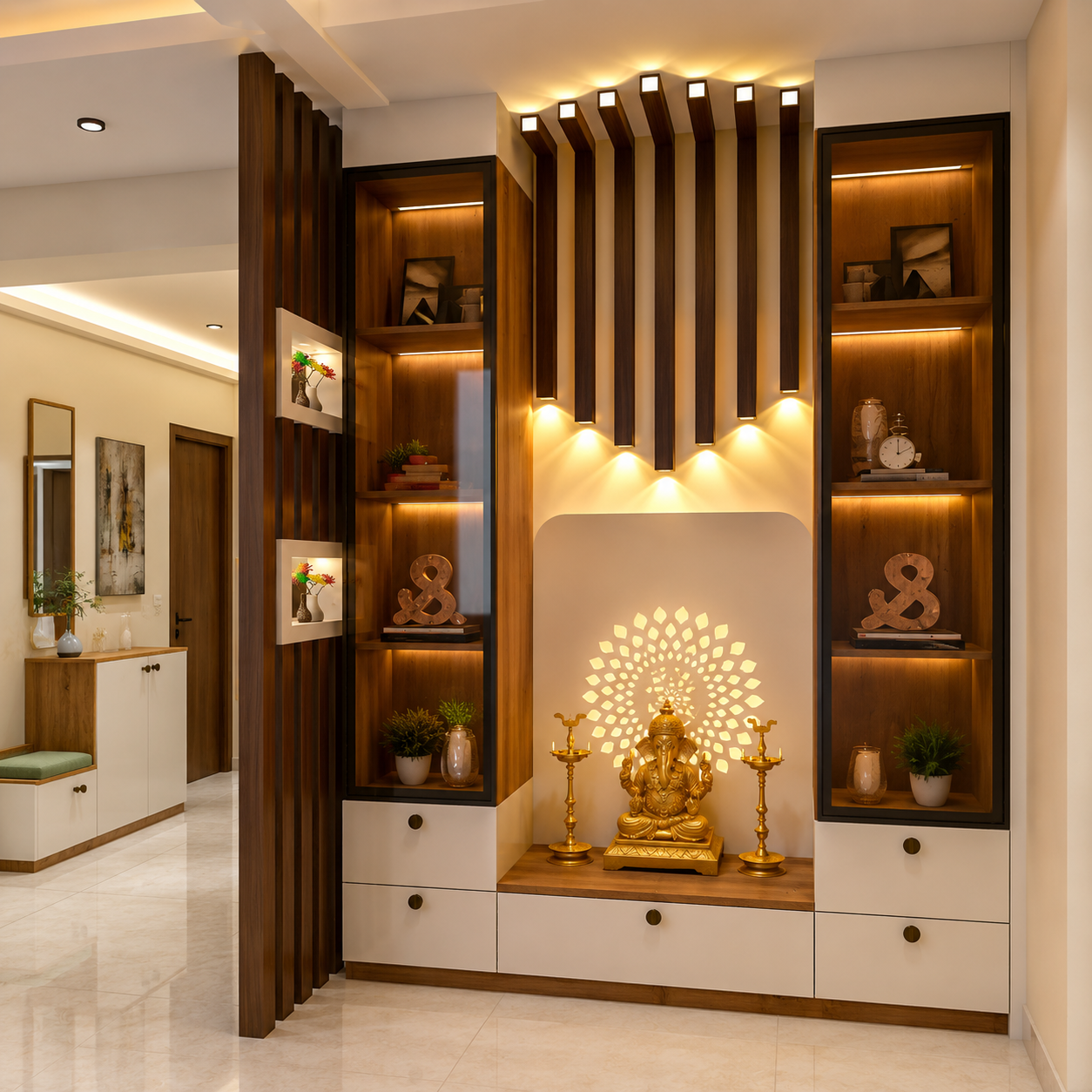 ChatGPT Image Aug 6, 2026, 01_27_10 PM Modern Pooja Unit Layout Featuring Intricate Jaali Details and an Illuminated OM Backdrop - Image 1