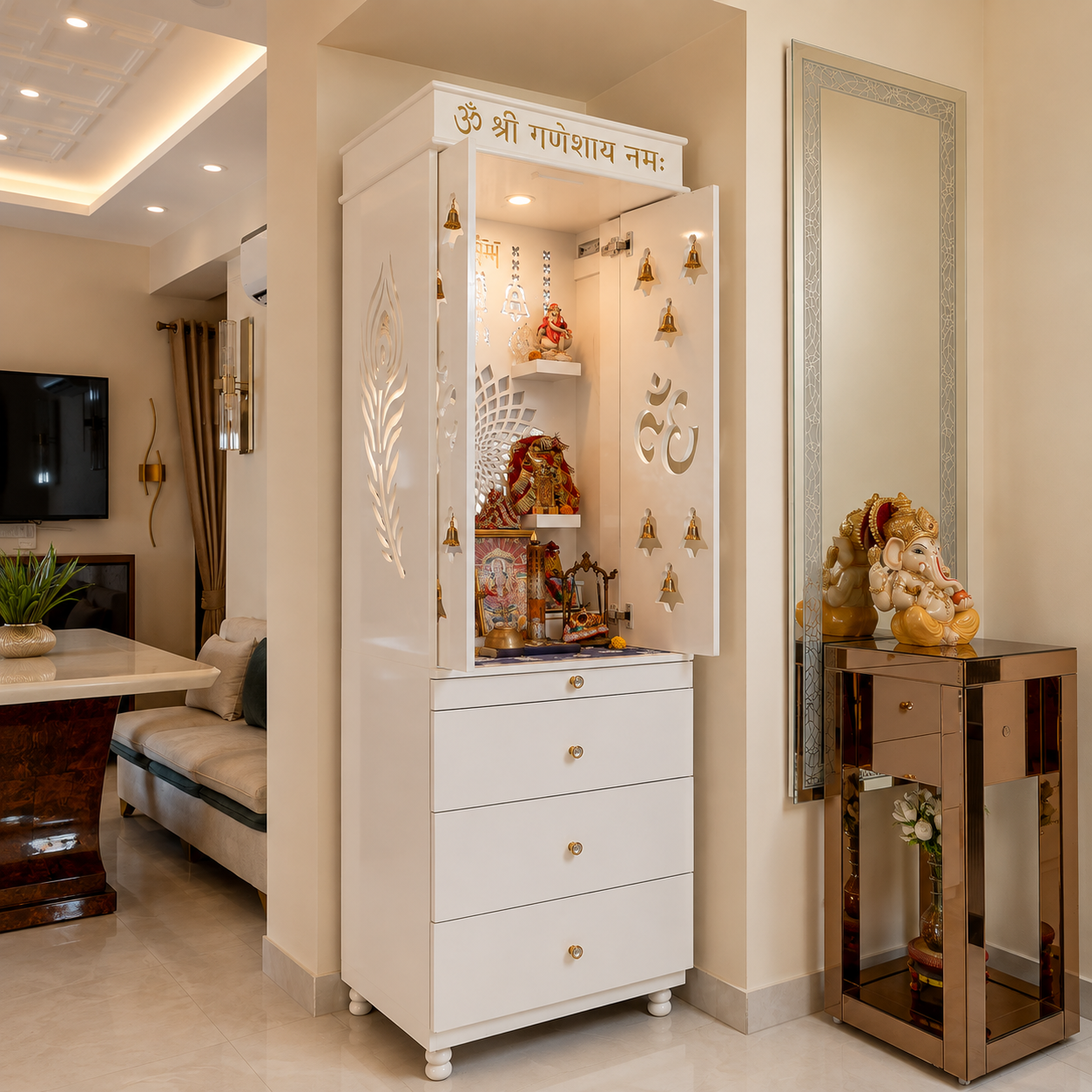 ChatGPT Image Aug 6, 2026, 01_30_46 PM White Floor-Mounted Contemporary Design With Carved Shutters, Drawers and Bells - Image 1