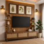 TV Unit Design with Woven Cane Doors and Ribbed Wooden Panels