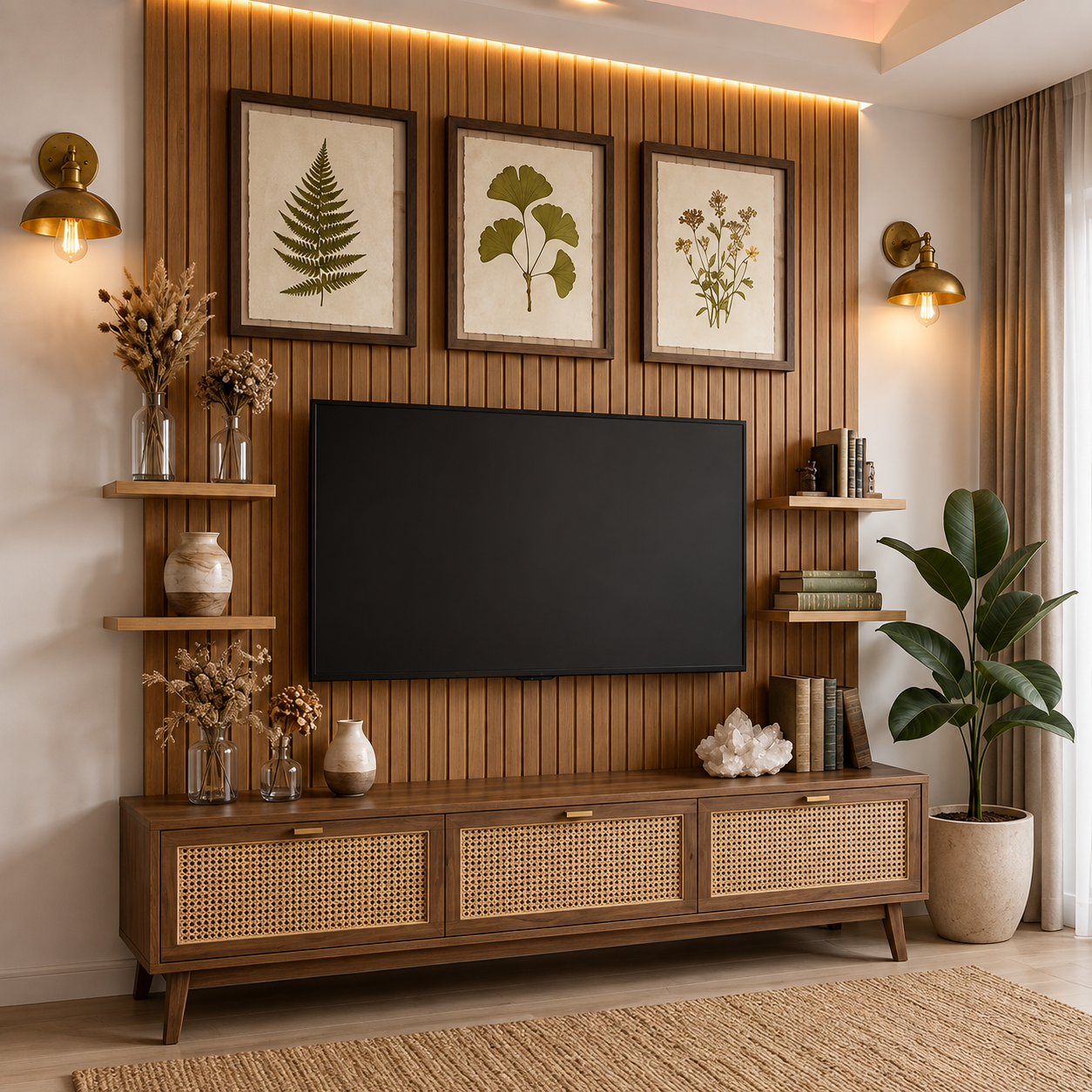 ChatGPT Image Aug 6, 2026, 01_35_55 PM TV Unit Design with Woven Cane Doors and Ribbed Wooden Panels - Image 1